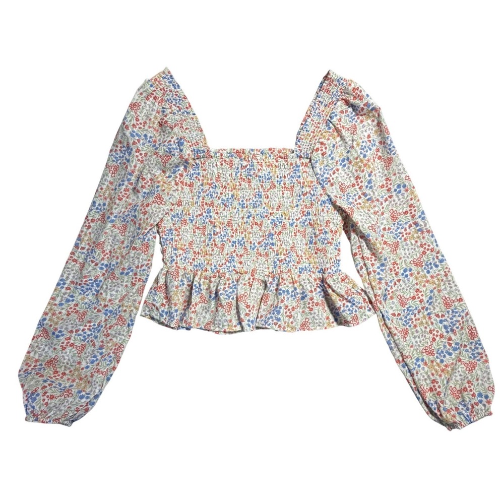Womens Floral Smocked Long Sleeve Crop Top Coquette Peplum Blouse Medium Spring
